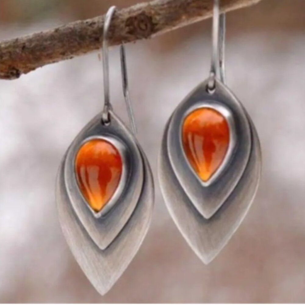 Beautiful Synthetic Orange Carnelian & Silver Electro-Plated Dangle Earrings